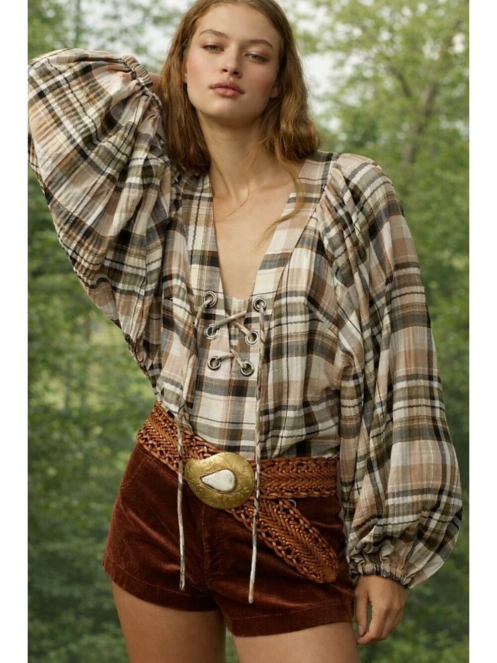 Plaid Lace-Up V-Neck Top Dolman Sleeves Lace Up Crop Anthropologie Size S NWT